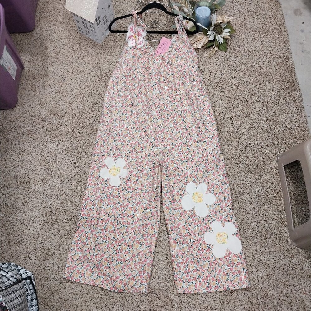 3527 Size XL Handmace Jumpsuit In Gold and Pink with Appliqued Flowers.
